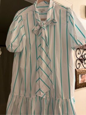 Striped Tie-Neck Dress in White and Turquoise